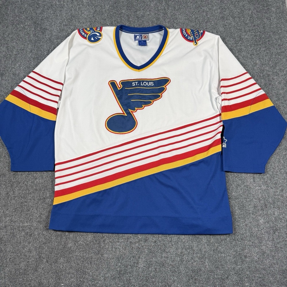 Vintage St Louis Blues NHL Hockey Jersey Starter Trumpet Era White Blue Mens XL